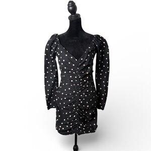 Polka Dot Ruched Mini Dress Sweetheart Neck Puff Sleeve Womens 4 Black Party